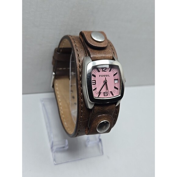 Fossil JR 8516 Pink Dial Date Womens Quartz Watch Brown Leather Cuff New Battery - Picture 3 of 11